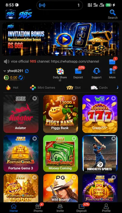 98S Game dashboard showing mini games, slots, cards, deposit, support and account options